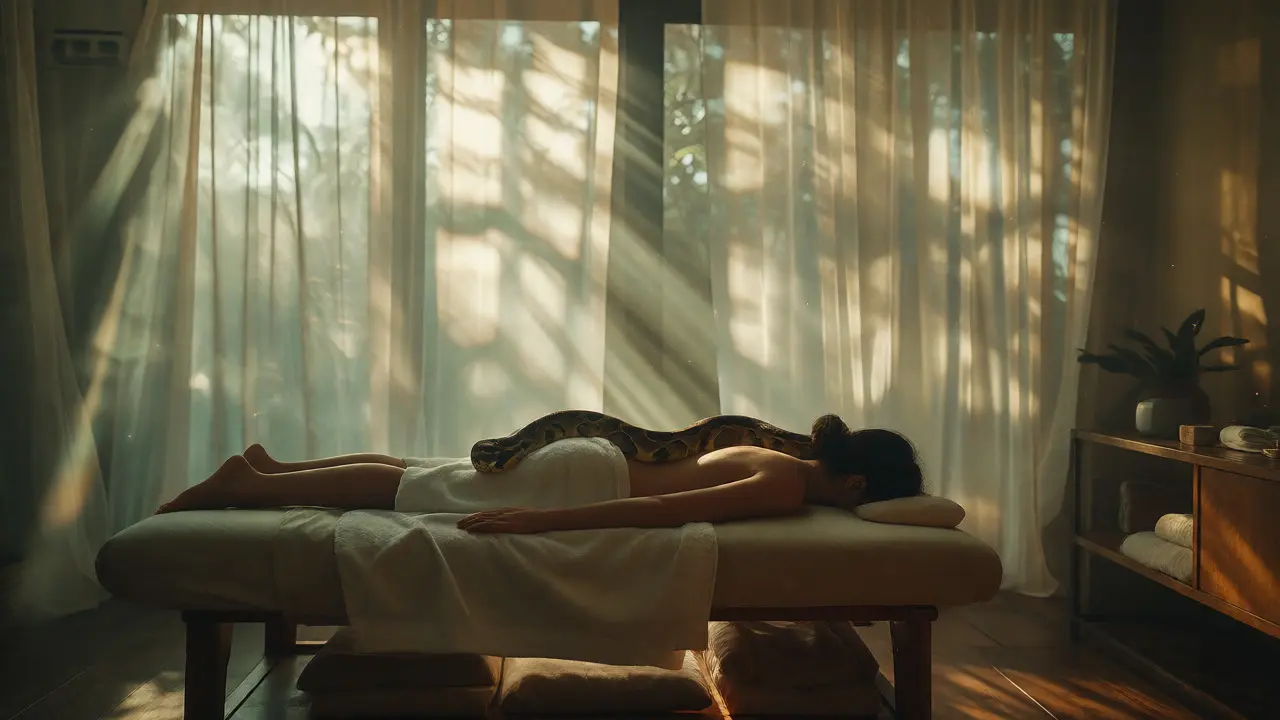 Relaxed client receiving snake massage in a sunlit spa room