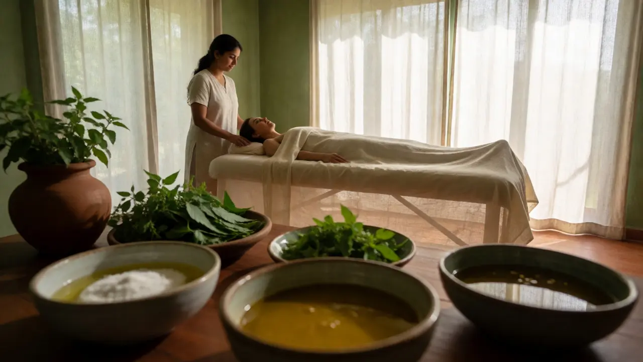 Serene Ayurvedic treatment room with oils and herbs