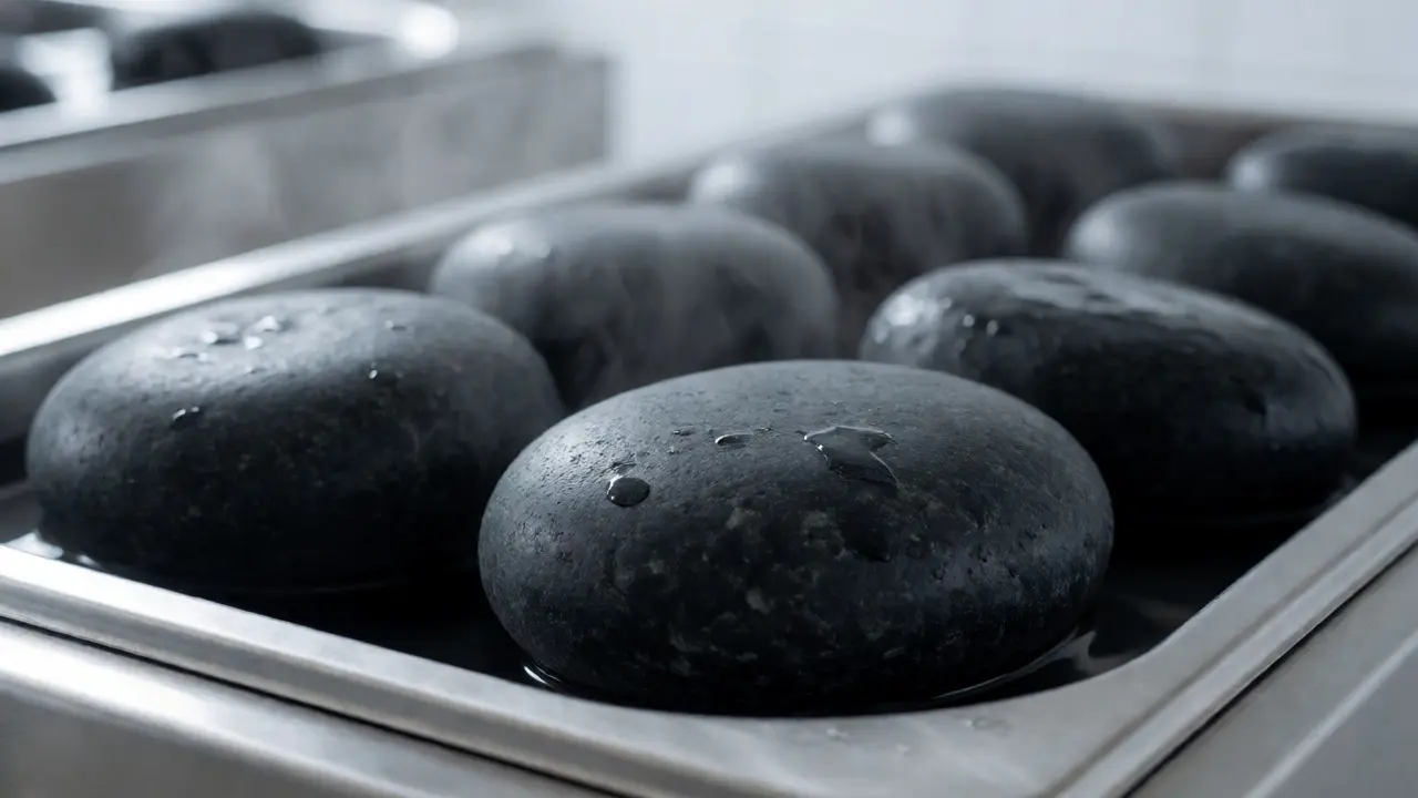 Steam rising from smooth black basalt stones heating up in a metal tray at a spa.