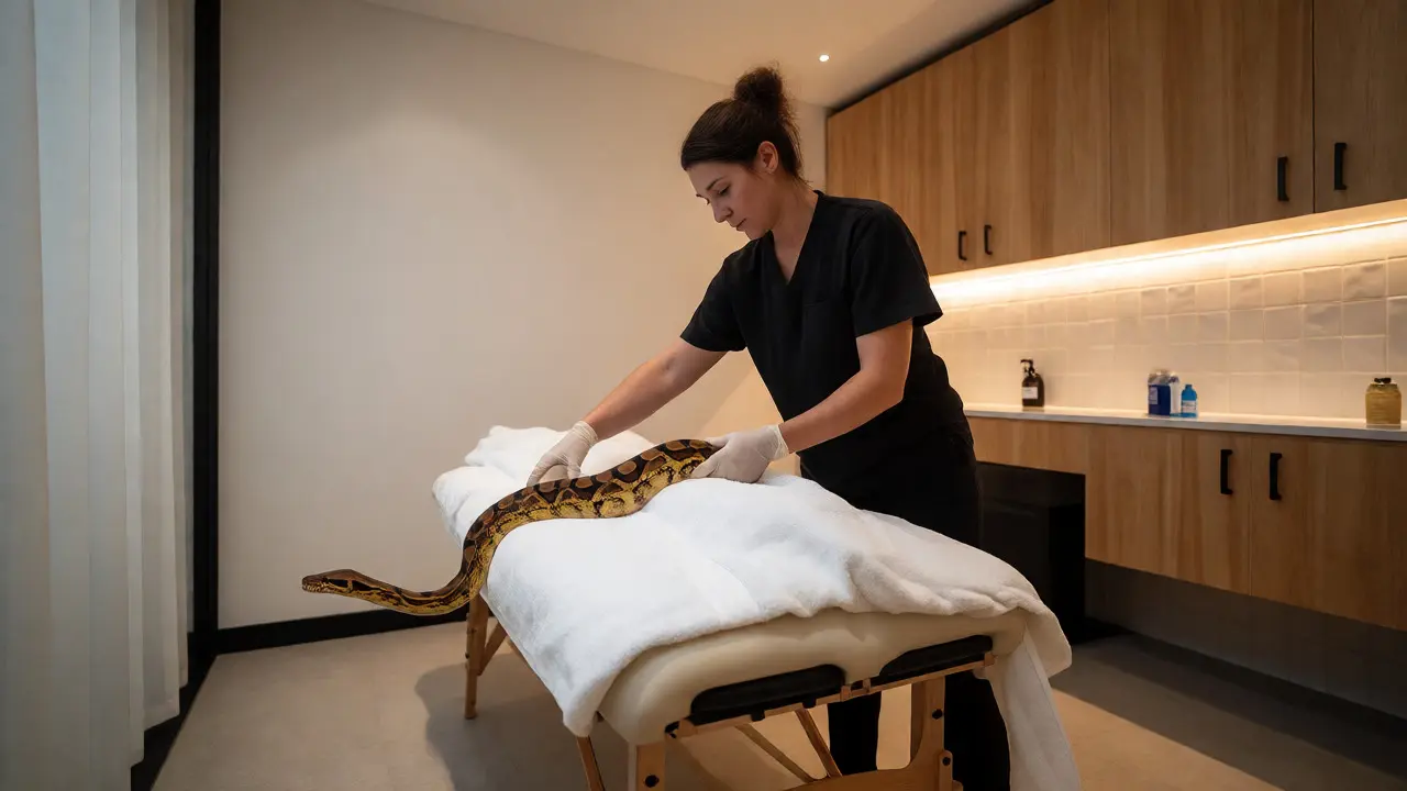 Therapist guiding a Red-Tailed Boa over a client in a clean, modern wellness clinic setting.