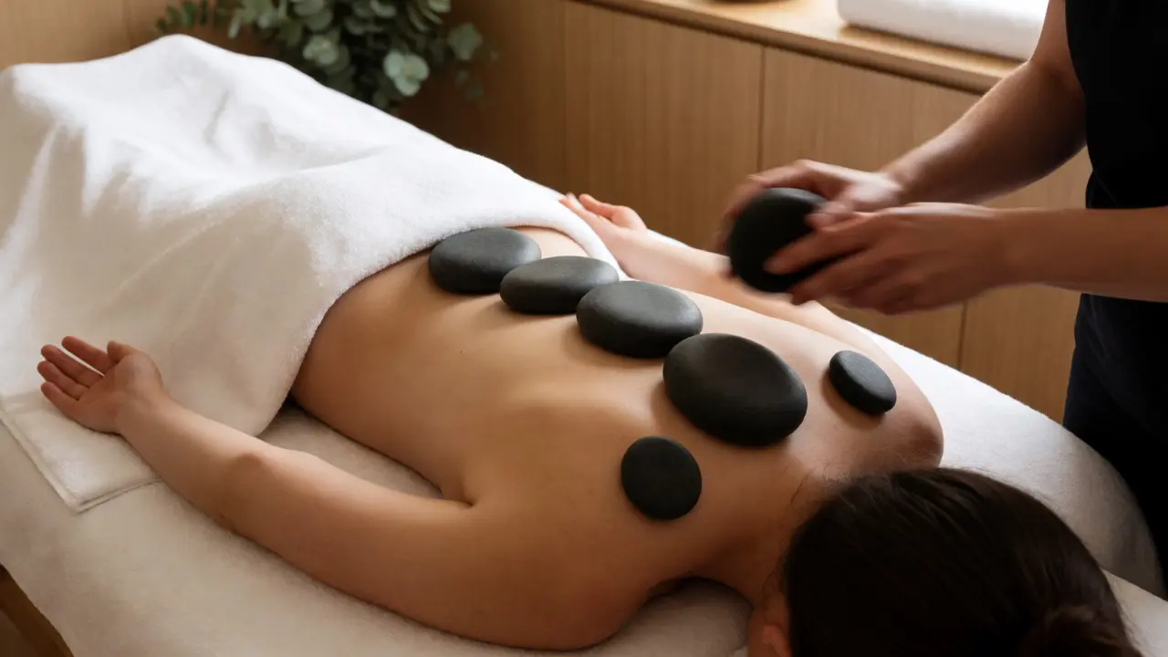 Therapist placing heated stones on a client's back during a relaxing spa treatment.