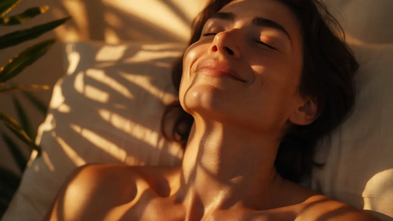 Close-up of a person relaxing deeply with eyes closed in warm sunlight