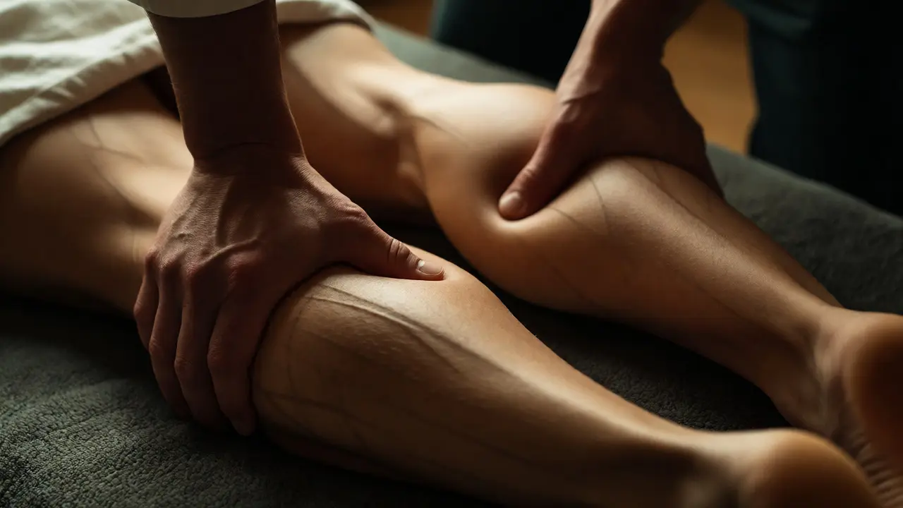 Close-up of therapist applying thumb pressure to client's calf muscles