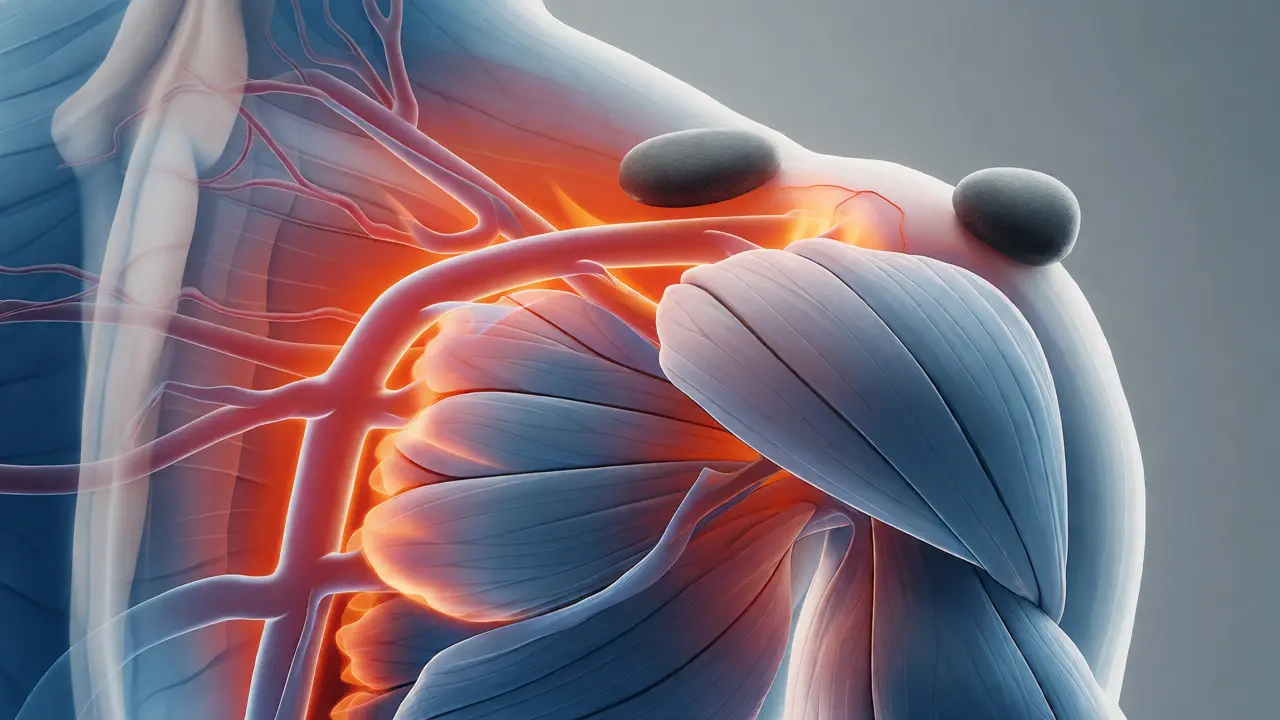 Conceptual diagram showing heat penetrating muscles and improving blood circulation.