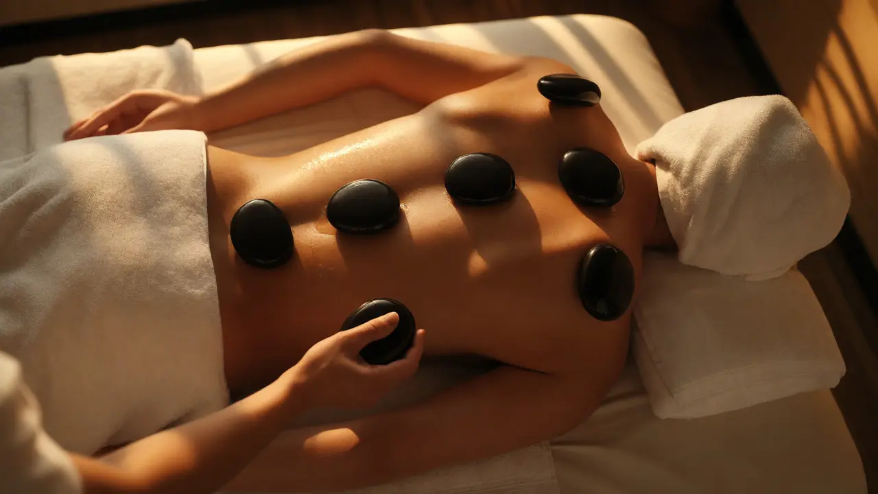 Hot stones placed on a client's back during a relaxing massage session
