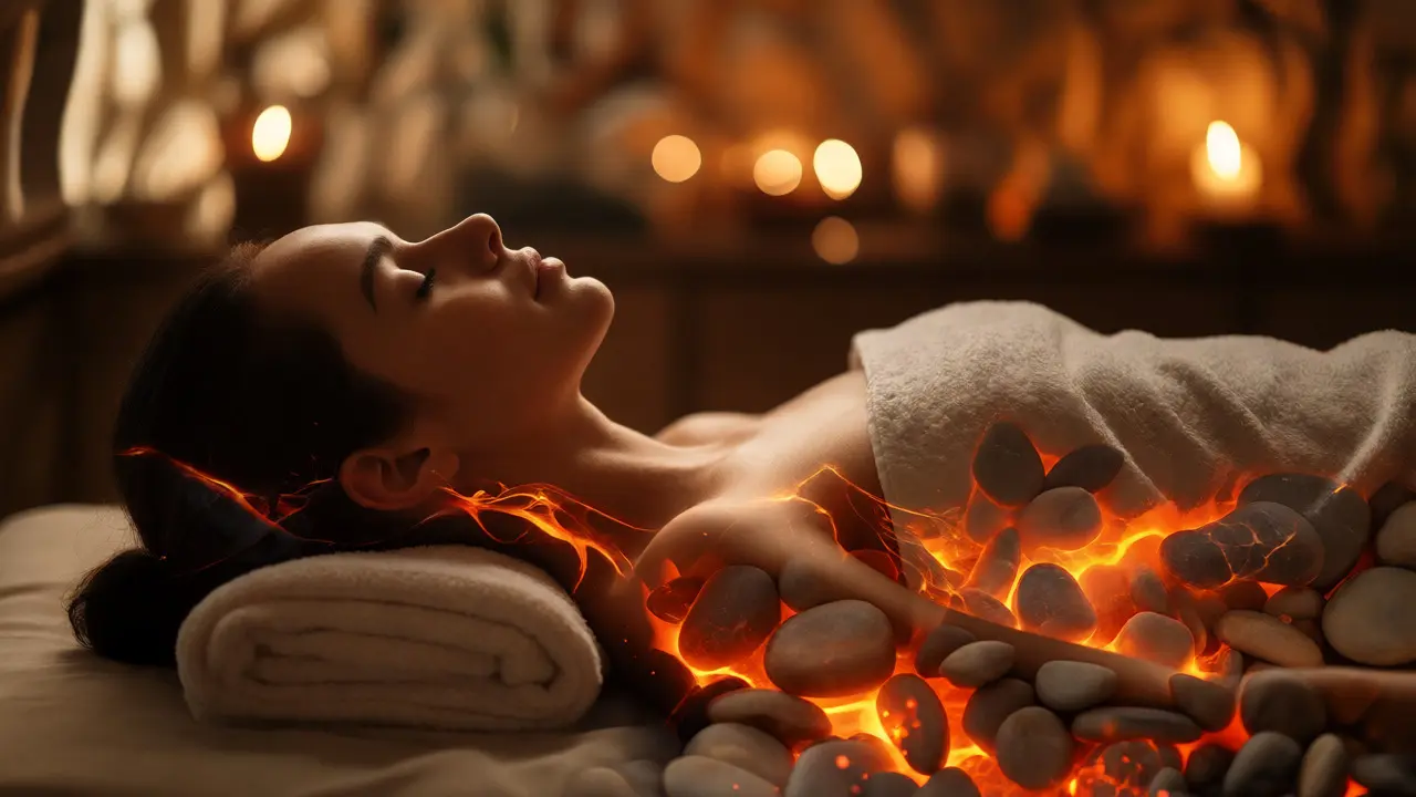 Person relaxing deeply with artistic overlay of lava textures and stones
