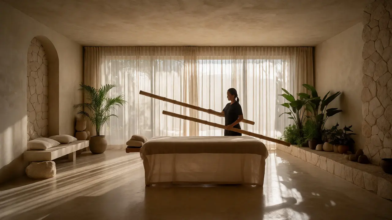 Practitioner holding bamboo tools in a serene, plant-filled spa.