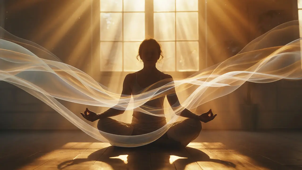 Serene figure surrounded by glowing energy ribbons representing harmony