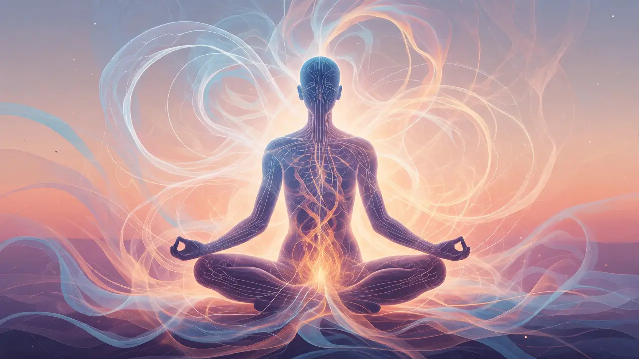 Silhouette meditating amidst swirling energies representing balanced Doshas