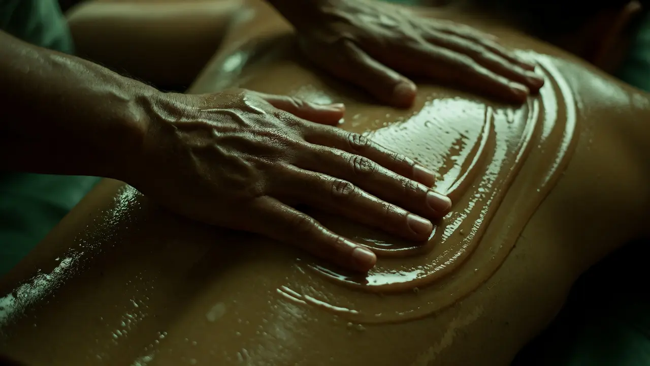 Therapist applying warm oil in rhythmic strokes on a client's back