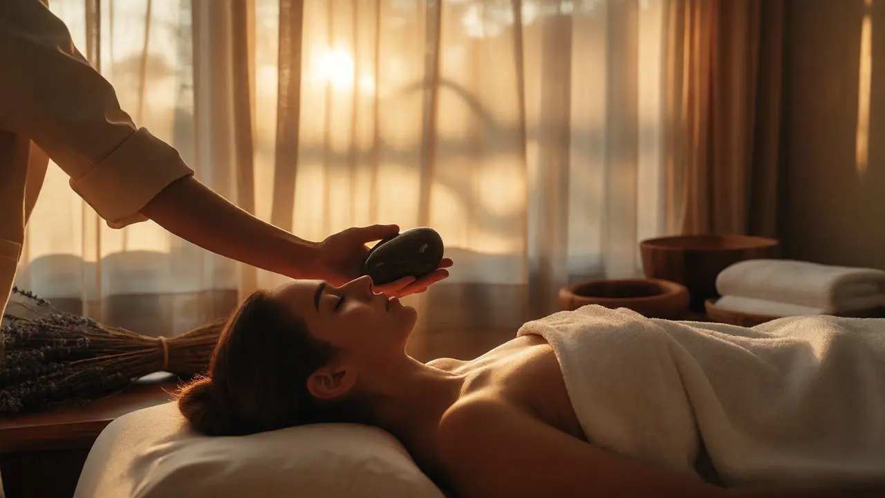 Therapist placing a warm stone on a relaxed client's hand in a serene spa setting.