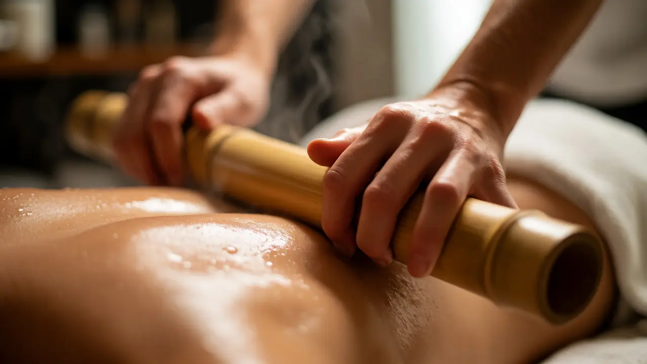 Therapist using a heated bamboo stick on a client's oiled back.